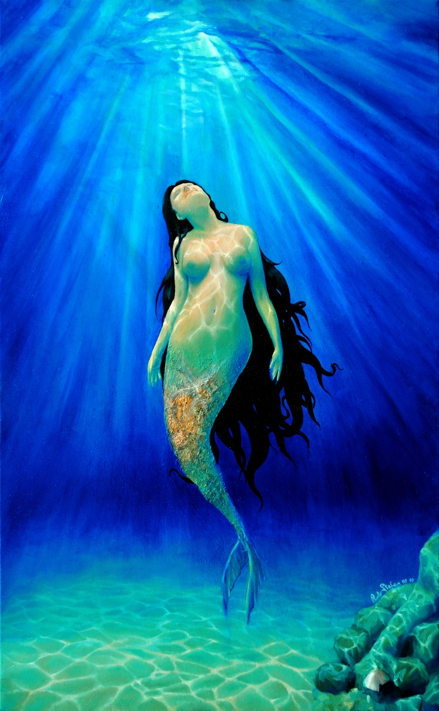Sirena sospesa in acqua a olio su tela